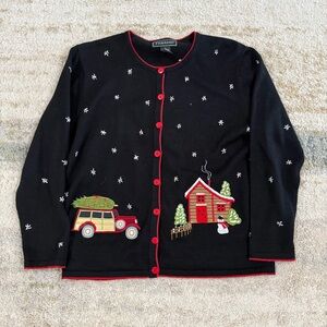 Black Cardigan with Red Accents and Holiday Design